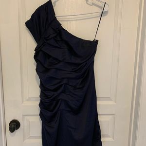 Navy blue one shoulder side ruched cocktail dress